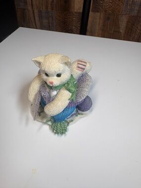 Calico Kittens Decorative White Cat Figurine with Purple & Blue Accents